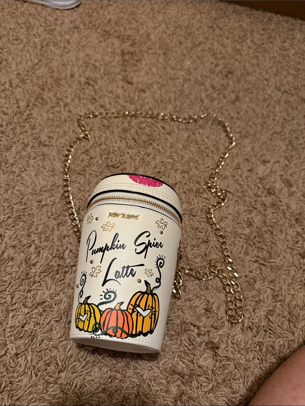 Betsey Johnson White Pumpkin Spice Latte Crossbody with Pink Accent